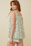 HY6749W GREEN Plus Botanical Print Square Neck Handerchief Tank Front