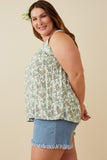 HY6749W GREEN Plus Botanical Print Square Neck Handerchief Tank Side