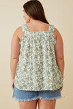 HY6749W GREEN Plus Botanical Print Square Neck Handerchief Tank Back