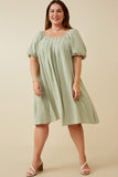 Womens Puff Sleeve Box Pleat Detail Square Neck Dress