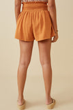 HY6787 APRICOT Womens Textured Acid Wash Smocked Short Full Body