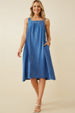 HY6788 Blue Plus Washed Textured Smock Detail Tank Dress Full Body