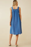 HY6788W Blue Plus Washed Textured Smock Detail Tank Dress Full Body