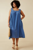 HY6788W Blue Plus Washed Textured Smock Detail Tank Dress Full Body