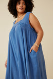 HY6788WW Blue Plus Washed Textured Smock Detail Tank Dress Front