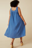 HY6788WW Blue Plus Washed Textured Smock Detail Tank Dress Back