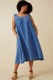 HY6788WW Blue Plus Washed Textured Smock Detail Tank Dress Full Body