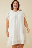 HY6803 OFF WHITE Womens Texture Striped Ruffle Sleeve V Neck Dress Front