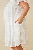 HY6803W OFF WHITE Plus Texture Striped Ruffle Sleeve V Neck Dress Side