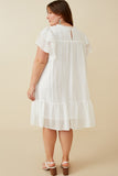 HY6803W OFF WHITE Plus Texture Striped Ruffle Sleeve V Neck Dress Back