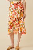 HY6818 ORANGE Womens Textured Bold Floral Asymmetric Ruffle Tie Skirt Front