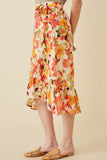 HY6818 ORANGE Womens Textured Bold Floral Asymmetric Ruffle Tie Skirt Side