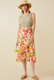 HY6818 ORANGE Womens Textured Bold Floral Asymmetric Ruffle Tie Skirt Full Body