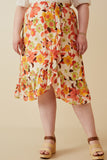 HY6818W Orange Plus Textured Bold Floral Asymmetric Ruffle Tie Skirt Front