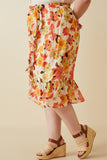 HY6818W Orange Plus Textured Bold Floral Asymmetric Ruffle Tie Skirt Gif