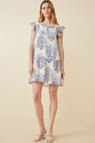 HY6823 BLUE Womens Textured Floral Mandala Print Ruffled Tank Dress Full Body