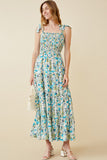 HY6830 BLUE Womens Floral Smoccked Bodice Tie Shoulder Dress Full Body