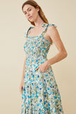 HY6830 BLUE Womens Floral Smoccked Bodice Tie Shoulder Dress Front