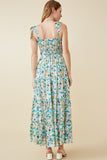 HY6830 BLUE Womens Floral Smoccked Bodice Tie Shoulder Dress Detail