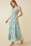 HY6830 BLUE Womens Floral Smoccked Bodice Tie Shoulder Dress Back