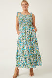 HY6830W Blue Womens Floral Smoccked Bodice Tie Shoulder Dress Full Body