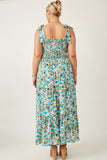 HY6830W Blue Womens Floral Smoccked Bodice Tie Shoulder Dress Front