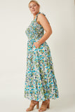 HY6830W Blue Womens Floral Smoccked Bodice Tie Shoulder Dress Detail