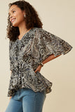 HY6839 BLACK Womens Paisley Print Dolman Peplum Top Back