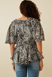 HY6839 BLACK Womens Paisley Print Dolman Peplum Top Front 2