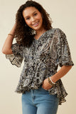 HY6839 Black Plus Paisley Print Dolman Peplum Top Front