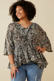 HY6839 Black Plus Paisley Print Dolman Peplum Top Front