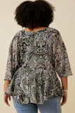 HY6839W Black Plus Paisley Print Dolman Peplum Top Back