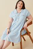 HY6879W BLUE Plus Textured Button Down Collared Dress Pose