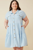 HY6879W BLUE Plus Textured Button Down Collared Dress Pose