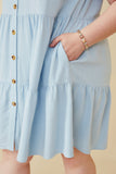 HY6879W BLUE Plus Textured Button Down Collared Dress Front