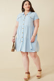 HY6879W BLUE Plus Textured Button Down Collared Dress Back