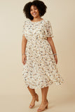 HY6909 Off White Plus Soft Floral Pleated Skirt Short Sleeve Dress Front