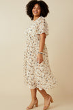 HY6909 OFF WHITE Womens Soft Floral Pleated Skirt Short Sleeve Dress Back