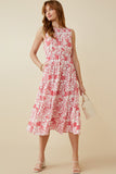 HY6923 PINK Womens Tropical Floral Smocked Yoke Dress Full Body