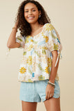 Textured Botanical Print Shirred Front Top