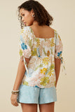 HY6926 OFF WHITE Womens Textured Botanical Print Shirred Front Top Back