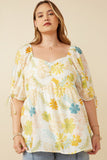 HY6926W Off White Plus Textured Botanical Print Shirred Front Top Front