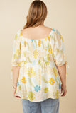 HY6926W Off White Plus Textured Botanical Print Shirred Front Top Detail