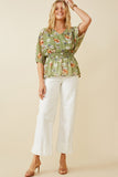 HY6927W Sage Plus Floral Smocked Waist V Neck Dolman Front