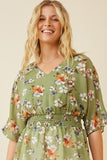 HY6927 SAGE Women Floral Smocked Waist V Neck Dolman Front