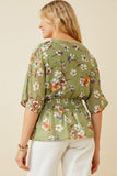 HY6927 SAGE Women Floral Smocked Waist V Neck Dolman Back