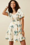 HY6934W Sage Womens Romantic Floral Smocked Sheen Dress Side