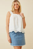 HY6935W Off White Plus Ruffled Strap Floral Eyelet Scallop Tank Front