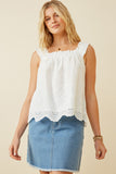 HY6935 OFF WHITE Women Ruffled Strap Floral Eyelet Scallop Tank Front 2