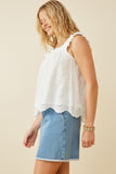 HY6935 OFF WHITE Women Ruffled Strap Floral Eyelet Scallop Tank Side